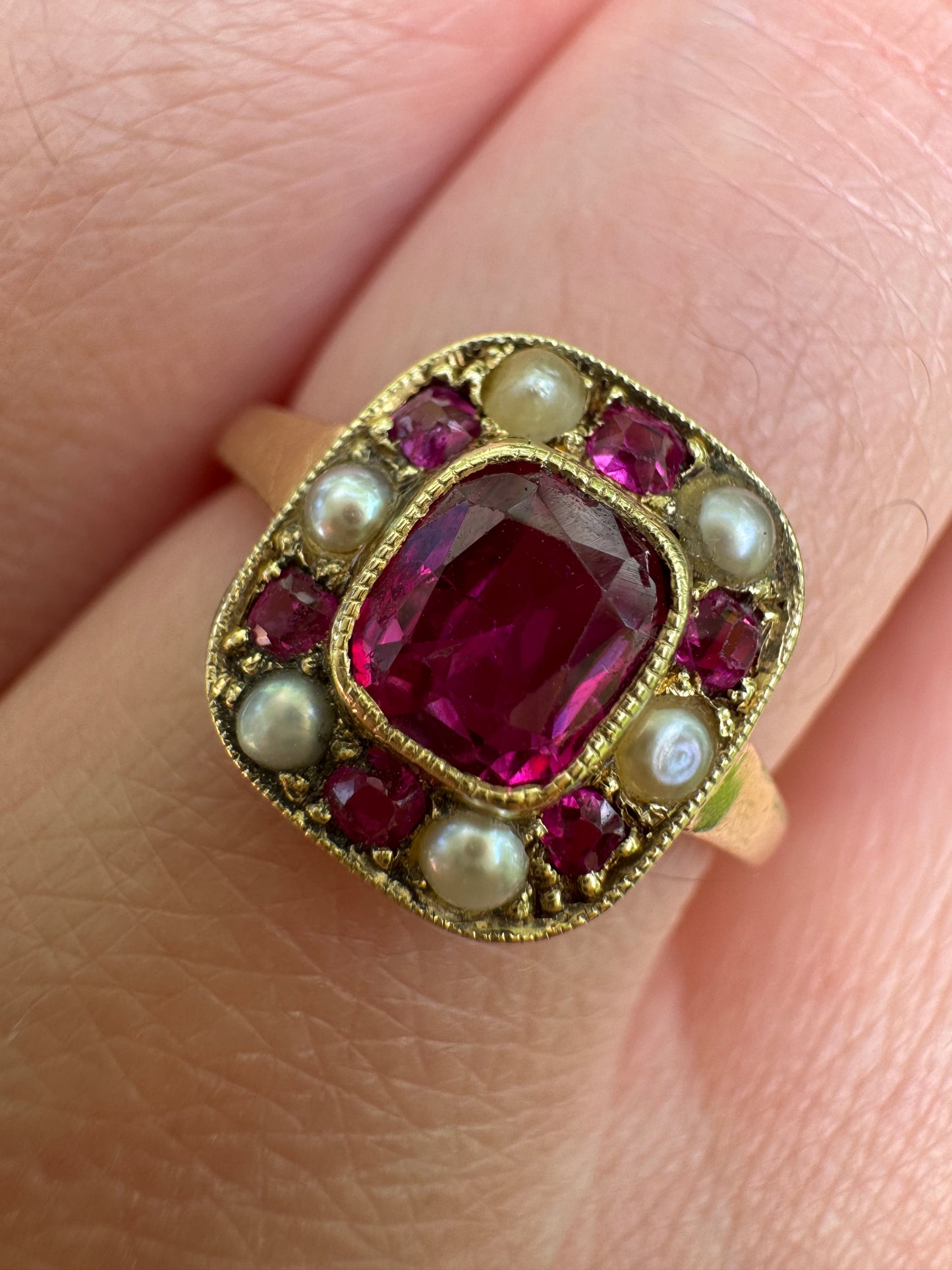 Vintage 14ct yellow gold 1ct TCW natural ruby and seed pearl cluster ring