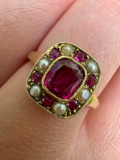Vintage 14ct yellow gold 1ct TCW natural ruby and seed pearl cluster ring