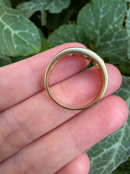 Antique 18ct yellow gold three stone 0.68ct TCW old mine cut diamond gypsy ring