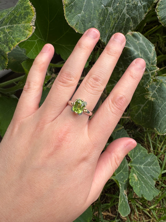 Custom handmade sterling silver and recycled 18ct yellow gold 2.54ct peridot ring