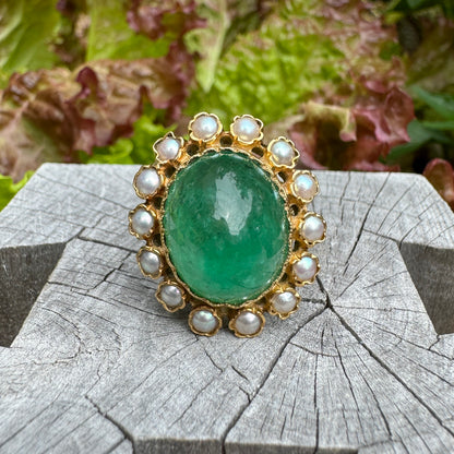 Vintage French 18ct yellow gold sugarloaf emerald cabochon and pearl ring