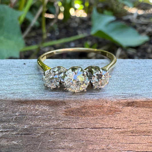 Antique Australian 18ct yellow gold three stone 1.15ct TCW old mine cut diamond ring