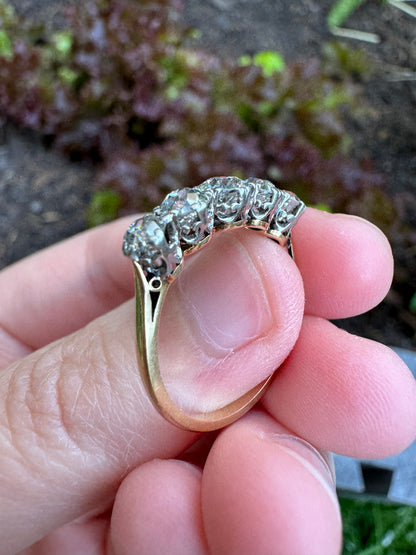 Vintage 18ct yellow gold five stone 1.2ct TCW old mine cut diamond ring
