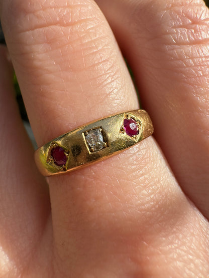 Antique Victorian 18ct yellow gold rose cut diamond and cushion cut ruby gypsy ring