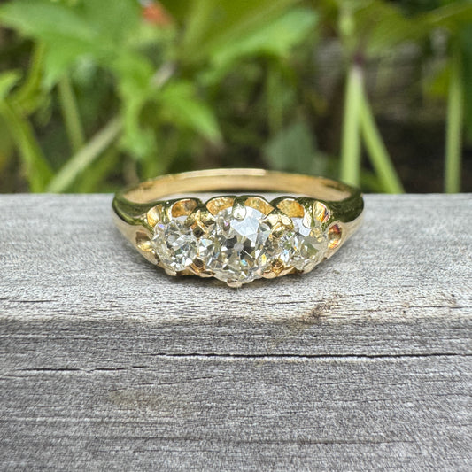 Antique 18ct yellow gold three stone 0.7ct TCW old mine cut diamond ring