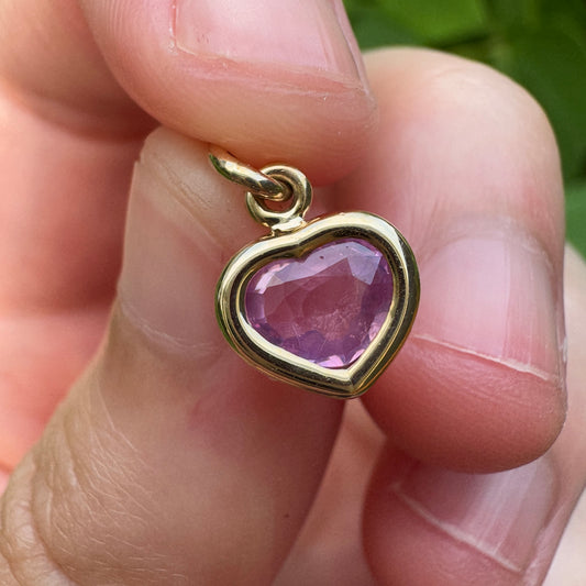 Custom 9ct yellow gold 0.77ct pink sapphire heart bezel set pendant