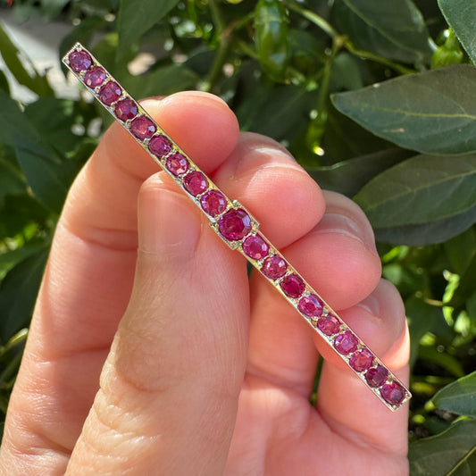 Antique 14ct yellow gold 1.86ct TCW old single cut natural ruby bar brooch/chain extender with lock mechanism