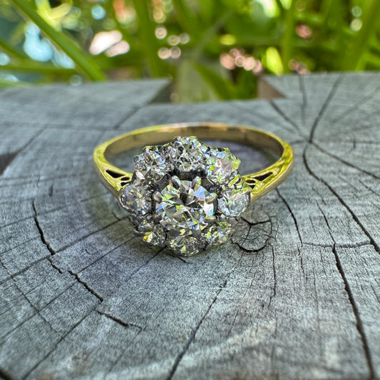 Antique Edwardian 18ct yellow gold 0.78ct TCW old European and old mine cut diamond cluster ring