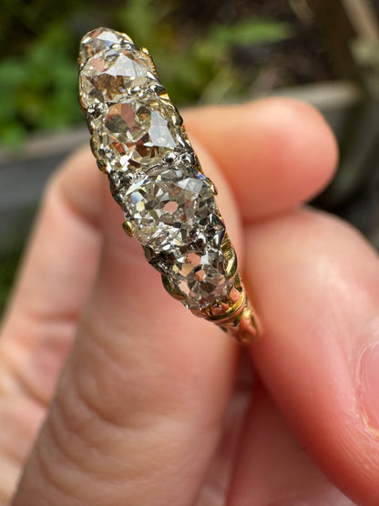 Antique 18ct gold old mine cut diamond five stone ring