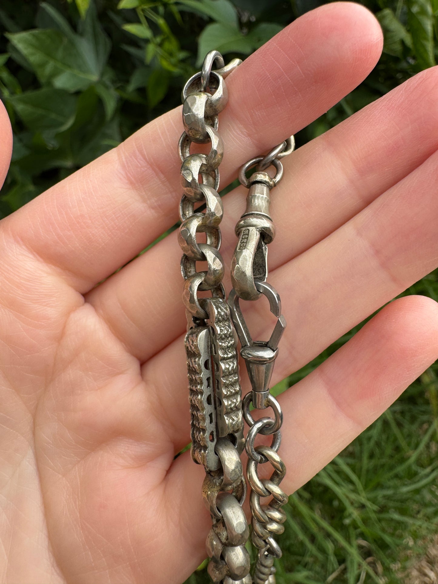 Antique albo silver fancy link chain with dog clips, 42cm / 16.54 inches long