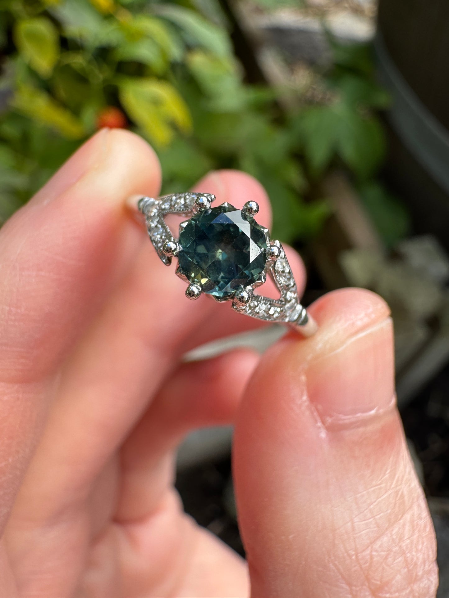Antique platinum natural Australian parti sapphire and diamond ring