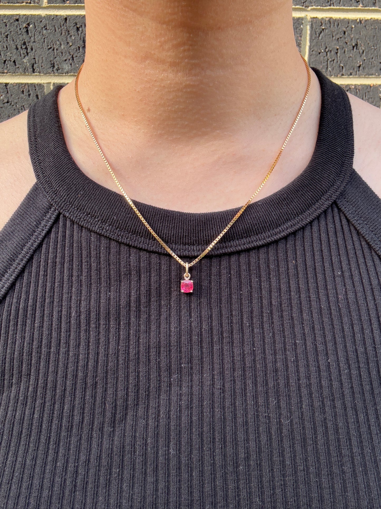 Custom 9ct yellow gold 0.83ct cushion cut ruby claw set pendant