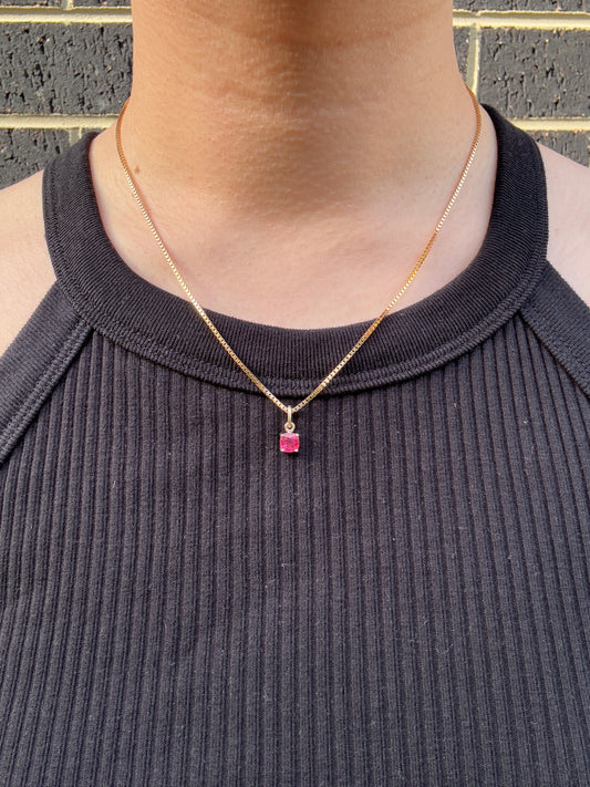 Custom 9ct yellow gold 0.83ct cushion cut ruby claw set pendant