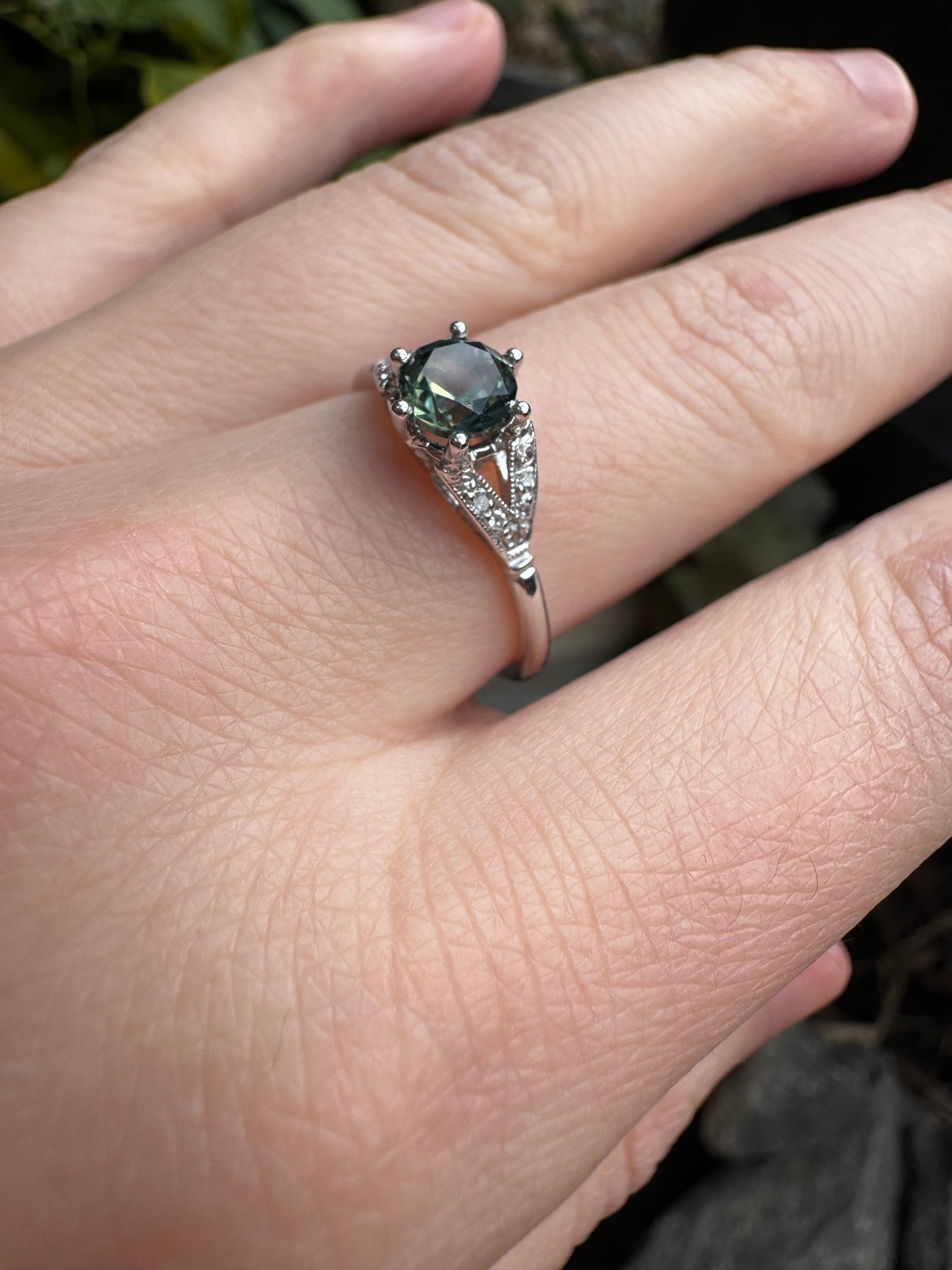 Antique platinum natural Australian parti sapphire and diamond ring