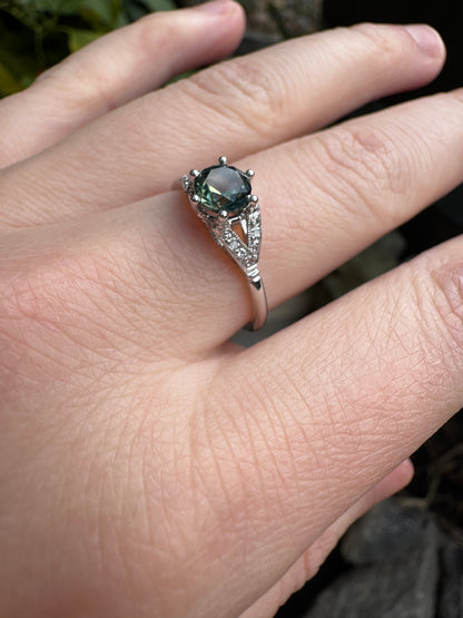 Antique platinum natural Australian parti sapphire and diamond ring