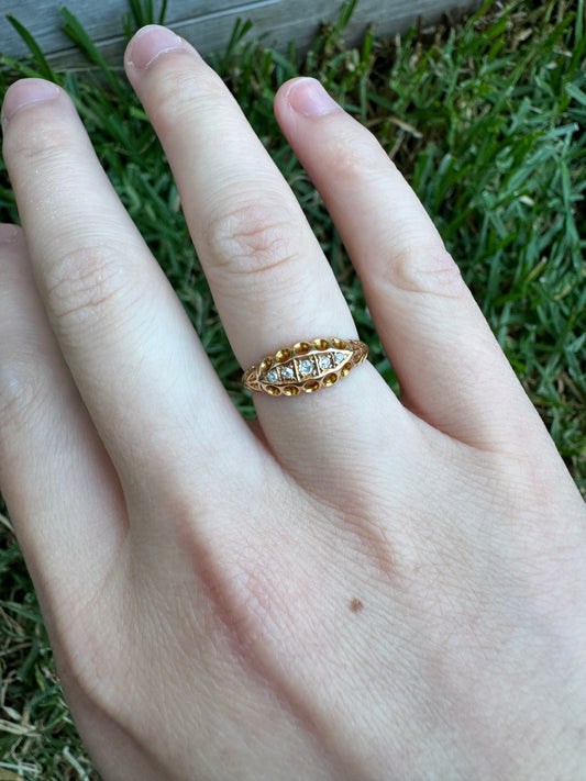 Antique 18ct yellow gold five stone 0.15ct TCW old cut diamond boat ring