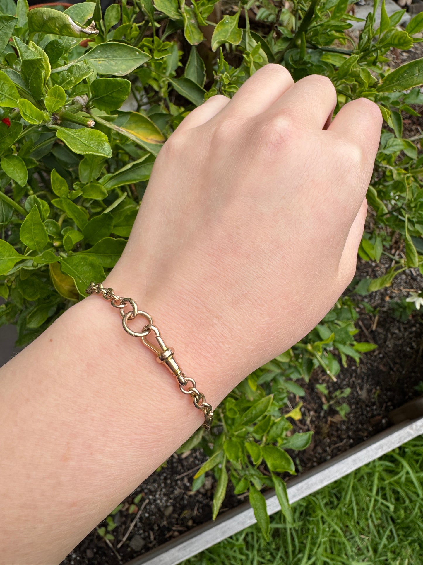 Antique 9ct rosy yellow gold bar and chain bracelet/extender with dog clip