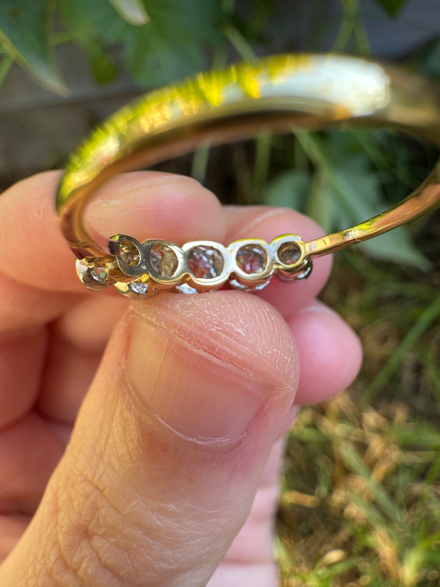 Vintage 18ct yellow gold and platinum five stone 0.69ct TCW old mine cut diamond bezel set ring