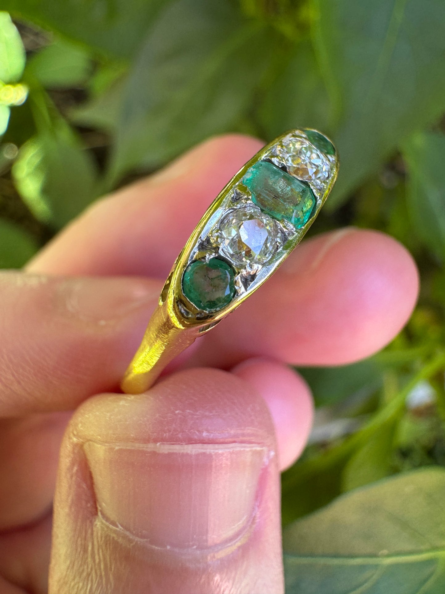 Vintage 18ct yellow gold five stone 0.33ct TCW natural emerald and 0.25ct TCW old mine cut diamond ring
