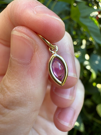Custom 9ct yellow gold marquise cut 0.54ct pink sapphire bezel set pendant
