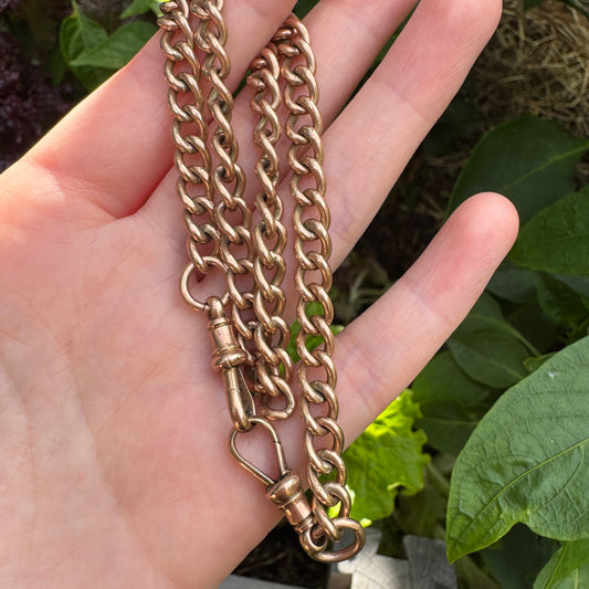 Vintage 9ct rosy yellow gold double Albert chain, 36cm / 14.2 inches long