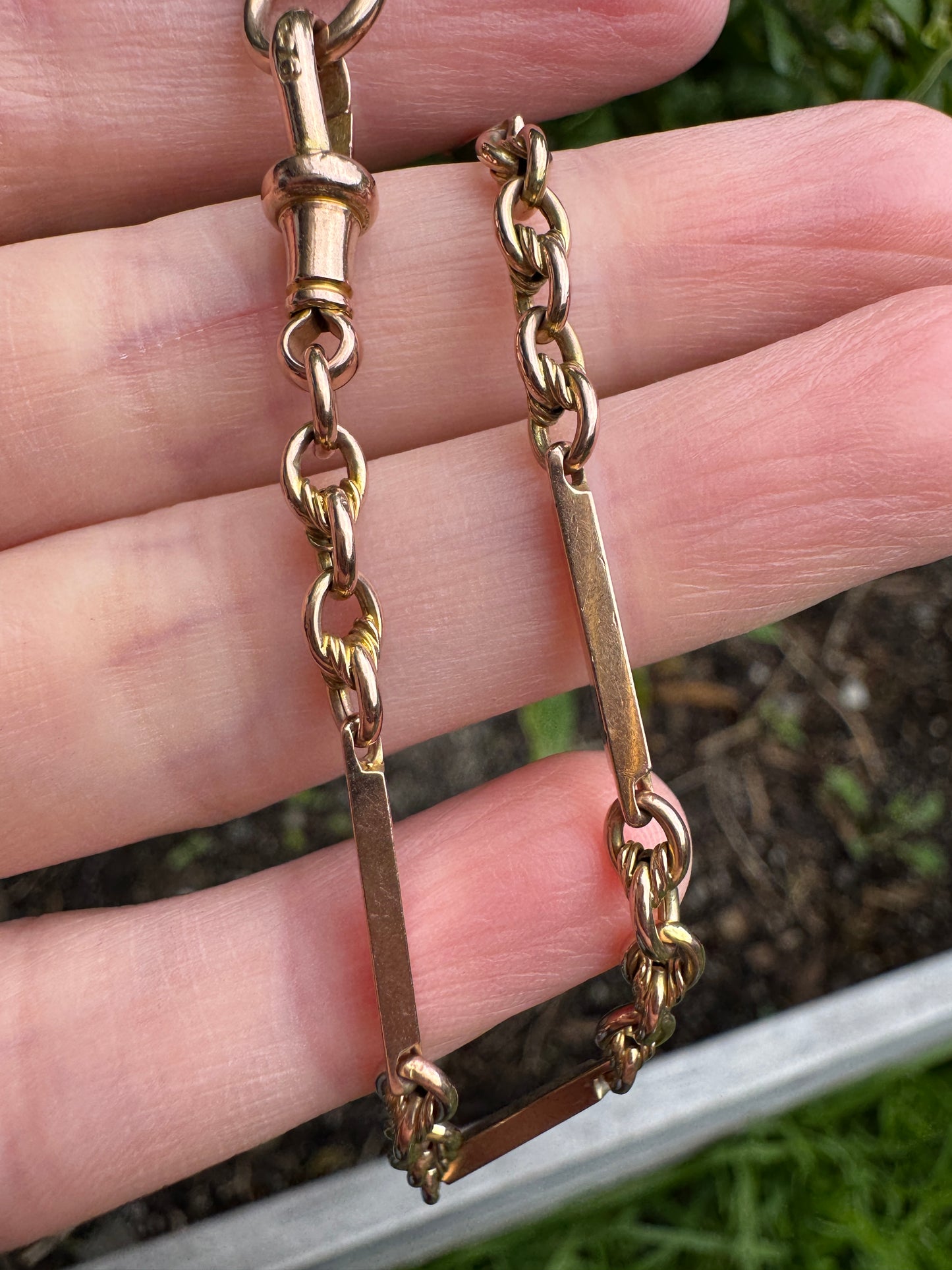 Antique 9ct rosy yellow gold bar and chain bracelet/extender with dog clip