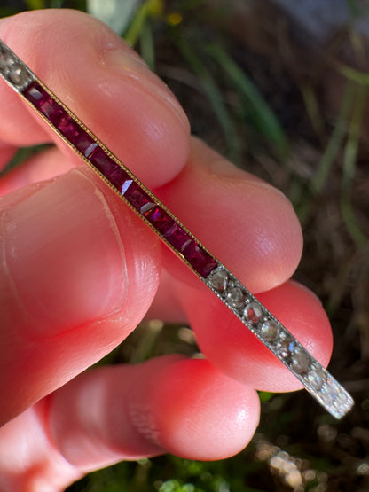 Antique 18ct yellow gold calibre cut ruby and rose cut diamond safety pin brooch/chain extender