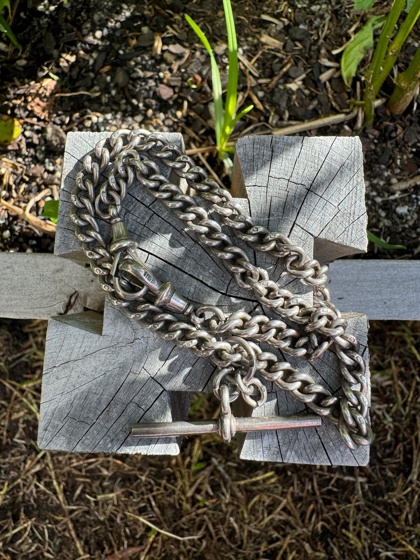 Antique sterling silver watch chain with two dog clips and t-bar, 35cm / 13.8 inches long