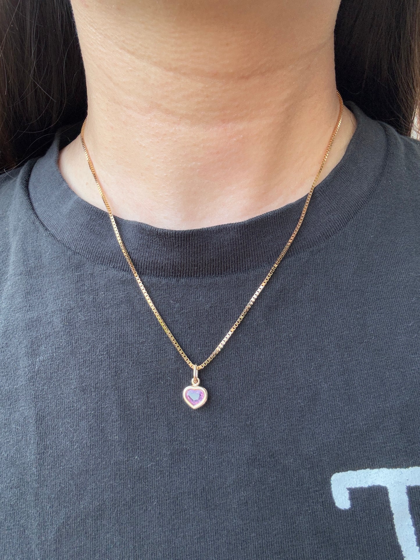 Custom 9ct yellow gold 0.77ct pink sapphire heart bezel set pendant