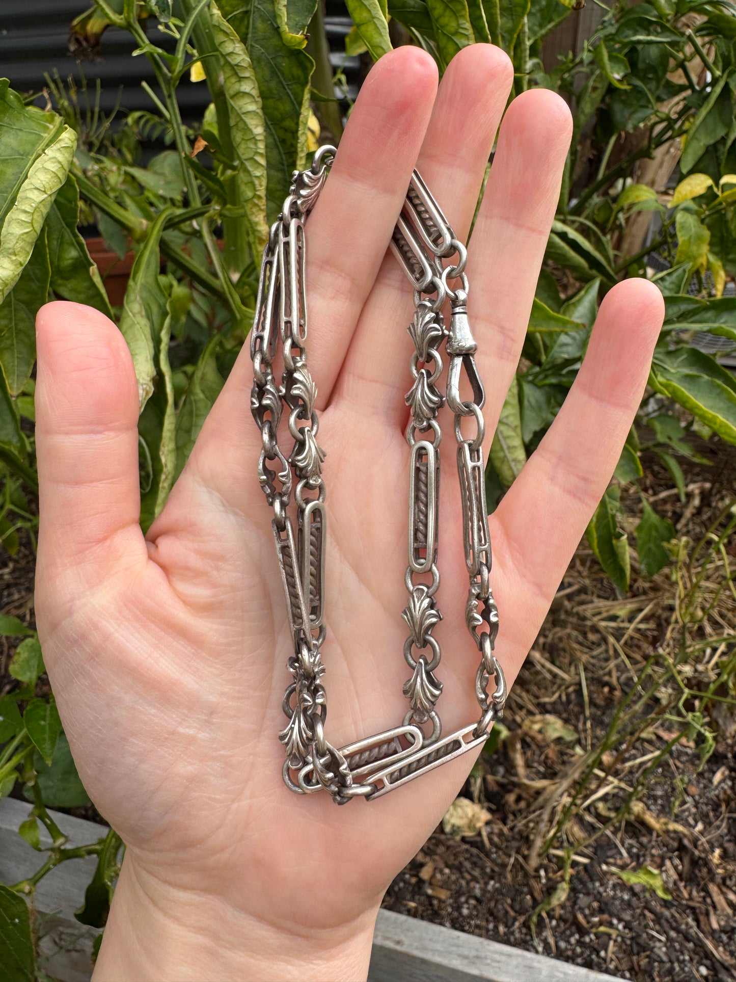 Vintage silver fancy acanthus and fetter fob chain with dog clip, 50cm / 19.69 inches long