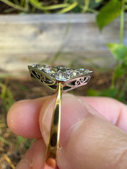 Antique 18ct yellow gold and platinum 1.2ct TCW old mine cut diamond plaque ring