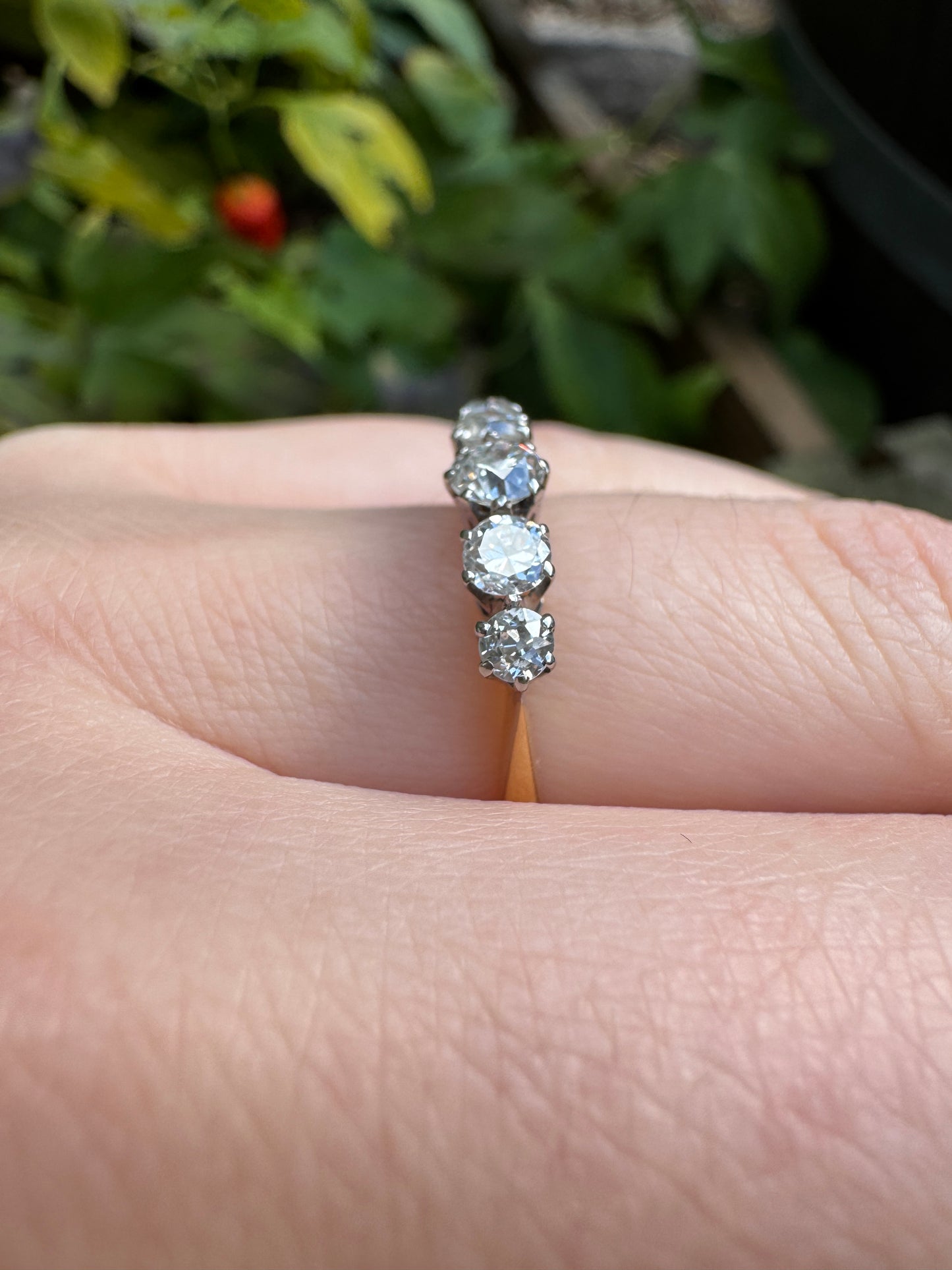 Antique English 18ct gold old cut diamond five stone ring