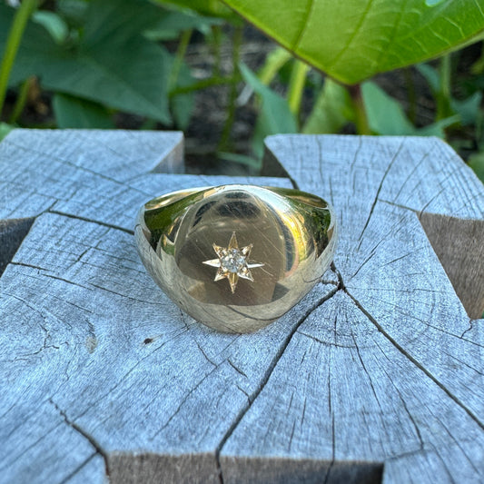 Vintage 9ct yellow gold starset old mine cut diamond signet ring