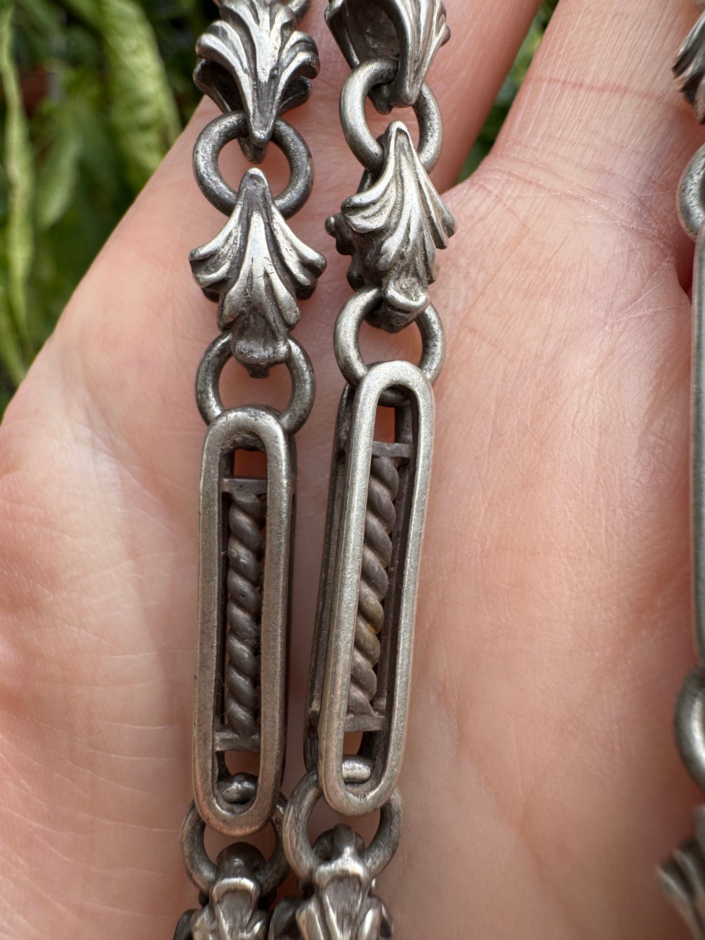 Vintage silver fancy acanthus and fetter fob chain with dog clip, 50cm / 19.69 inches long