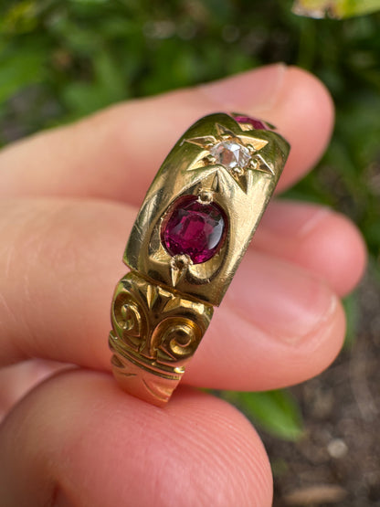 Antique Victorian English 18ct yellow gold 0.3ct TCW cushion cut natural ruby and 4pt old mine cut diamond gypsy ring