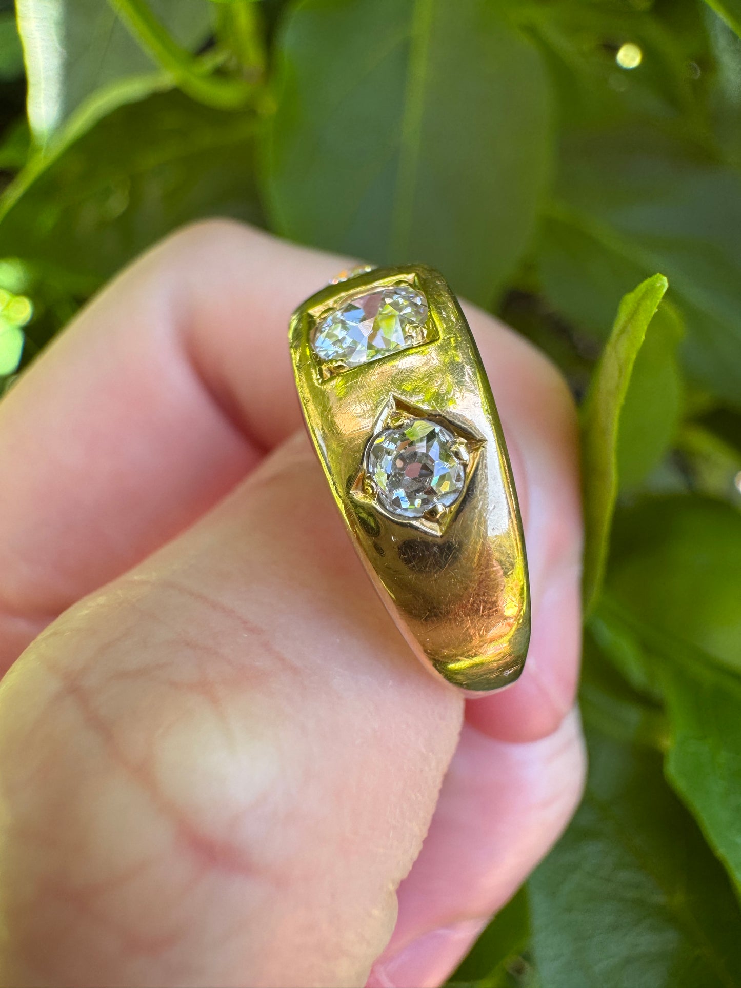 Vintage 18ct yellow gold three stone 0.7ct TCW old European cut and old mine cut diamond gypsy ring