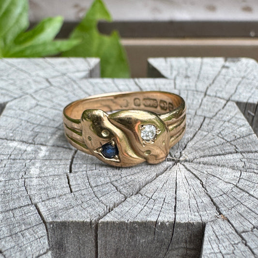 Antique Victorian 9ct yellow gold sapphire and diamond snake ring