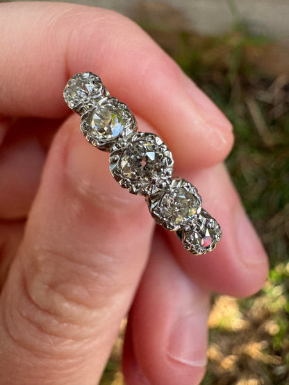 Antique 18ct yellow gold and platinum five stone 0.45ct TCW old mine cut diamond bezel set ring
