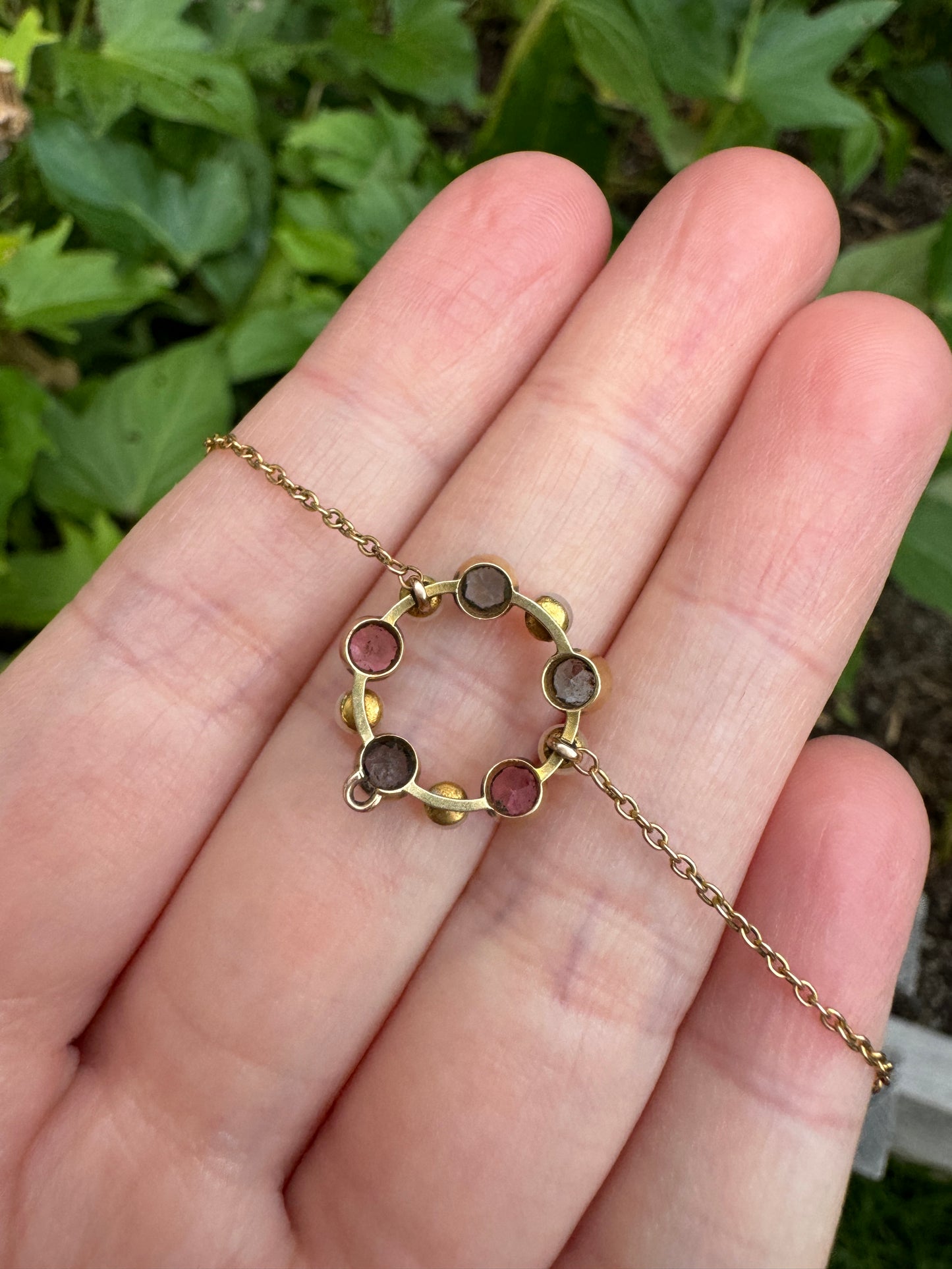 Antique 15ct yellow gold morganite, aquamarine and pearl necklace