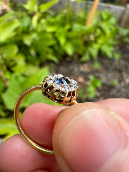 Vintage 18ct yellow gold 0.2ct old cushion cut natural sapphire and 0.3ct TCW old mine cut diamond cluster ring