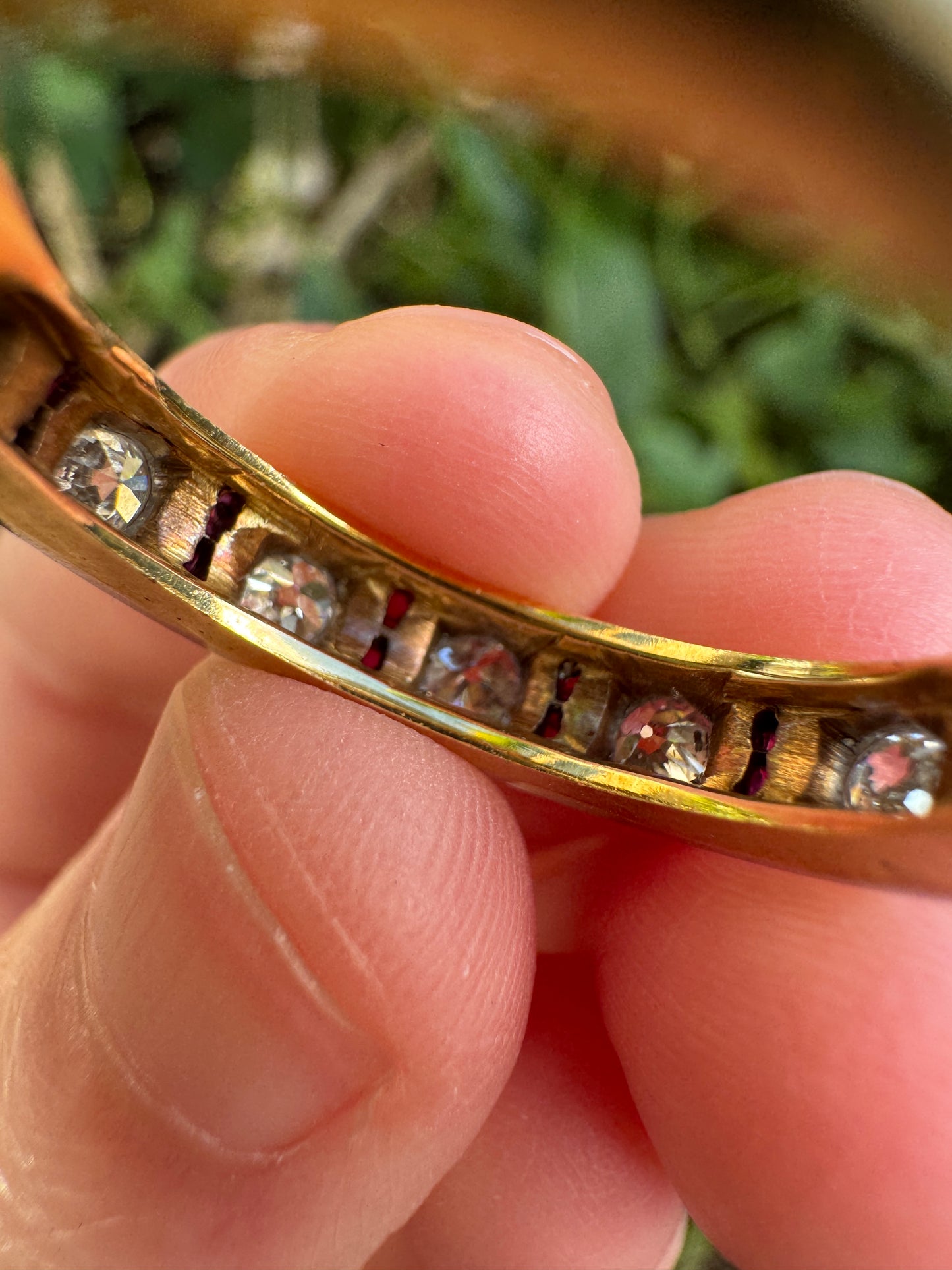Antique 18ct yellow gold and platinum seven stone 0.73ct old cut diamond ring with 24 accent calibre cut rubies