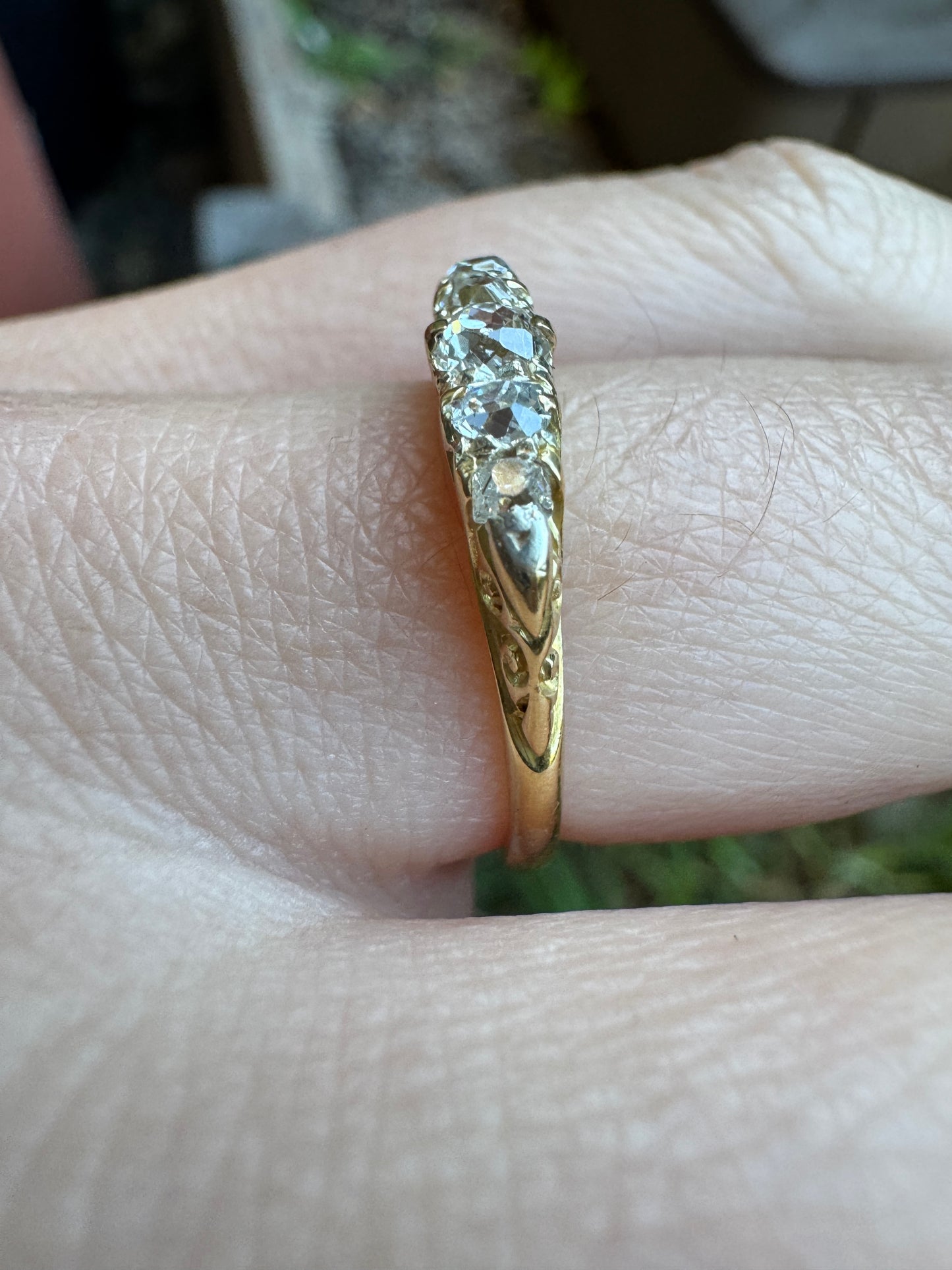 Antique 18ct gold old mine cut diamond five stone ring