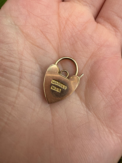 Vintage 9ct yellow gold engraved heart padlock charm