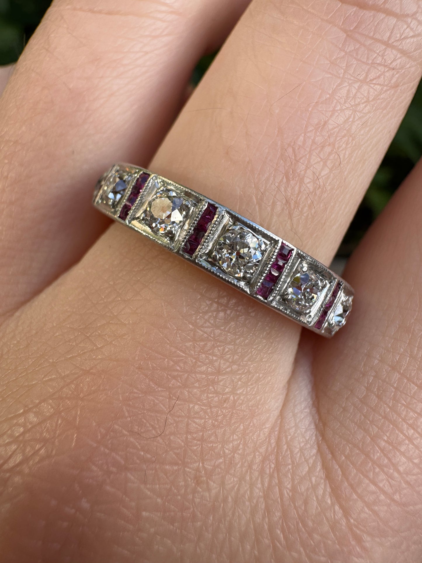 Antique 18ct yellow gold and platinum seven stone 0.73ct old cut diamond ring with 24 accent calibre cut rubies
