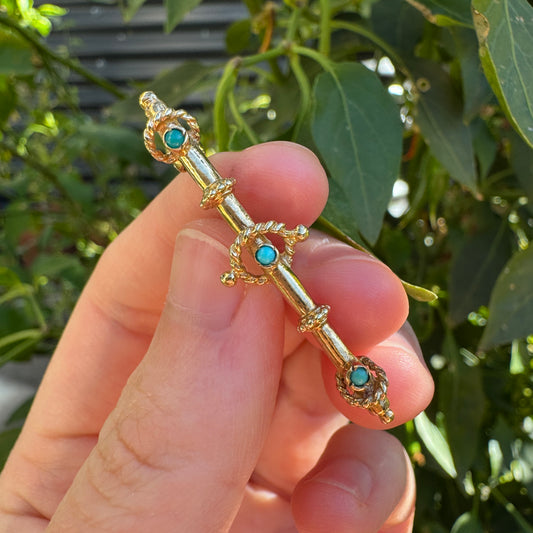 Vintage 9ct yellow gold turquoise cabochon bar brooch/chain extender