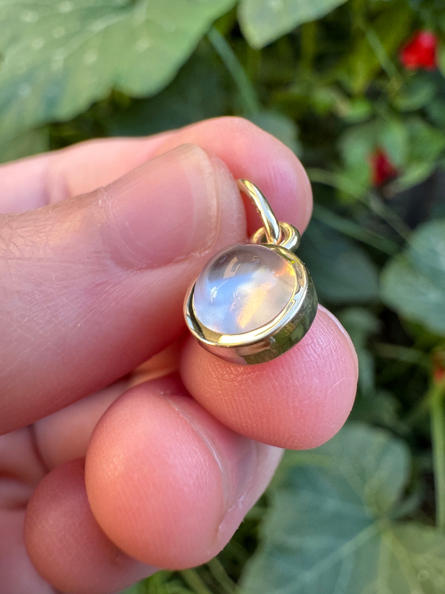 Custom handmade recycled 9ct yellow gold 1.31ct moonstone cabochon bezel set pendant