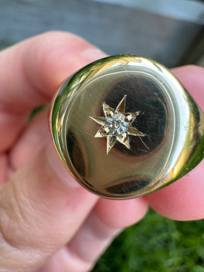 Vintage 9ct yellow gold starset old mine cut diamond signet ring