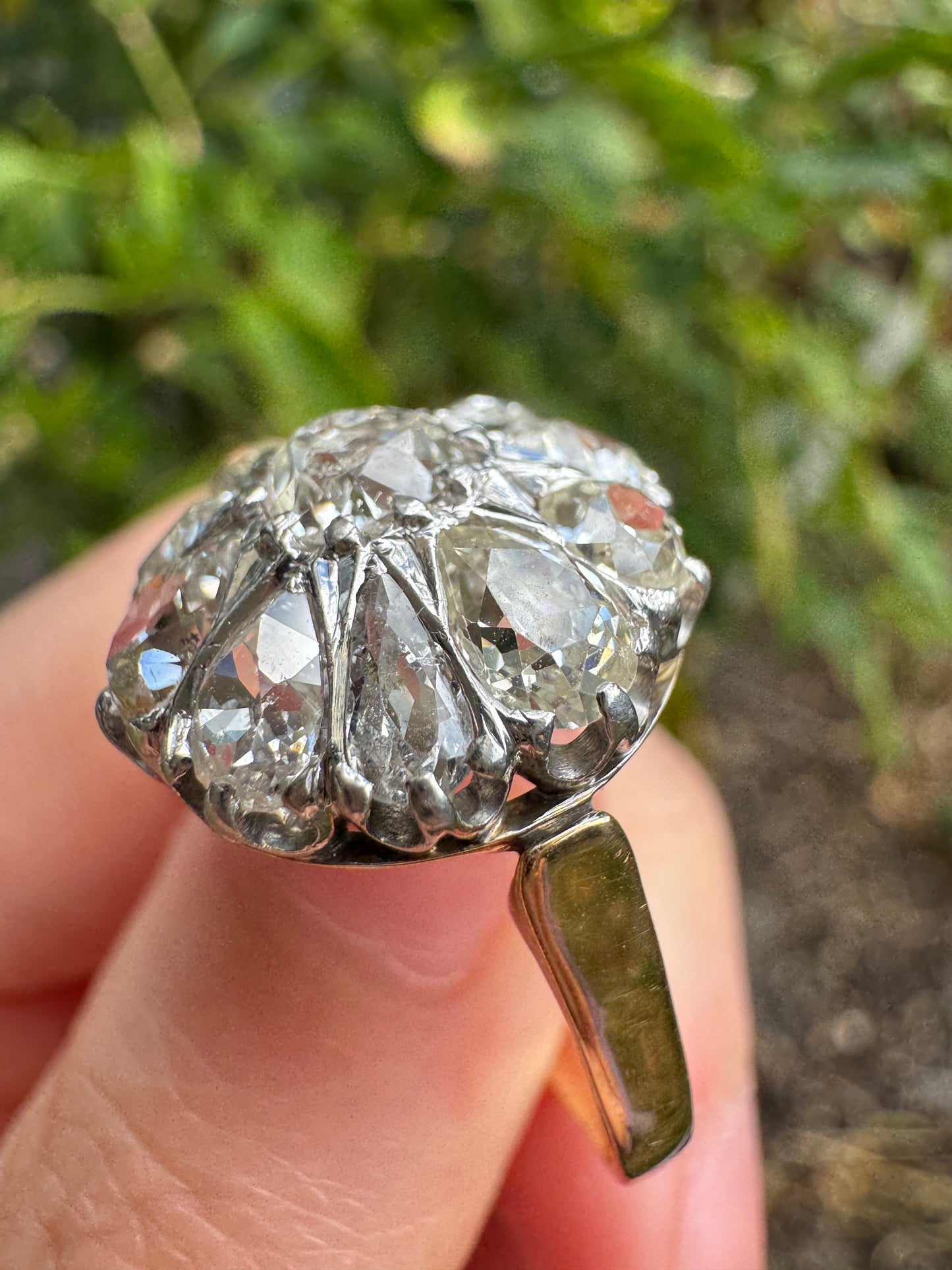 Vintage 14ct yellow gold and platinum 3.4ct TCW old pear cut and old mine cut diamond cluster ring