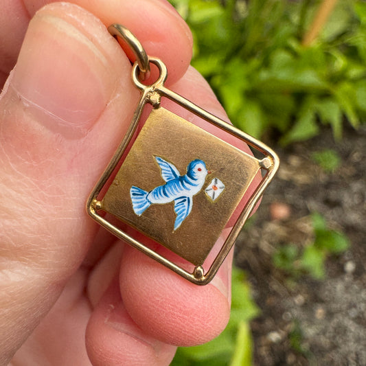 Vintage 14ct yellow gold and enamel bluebird pendant