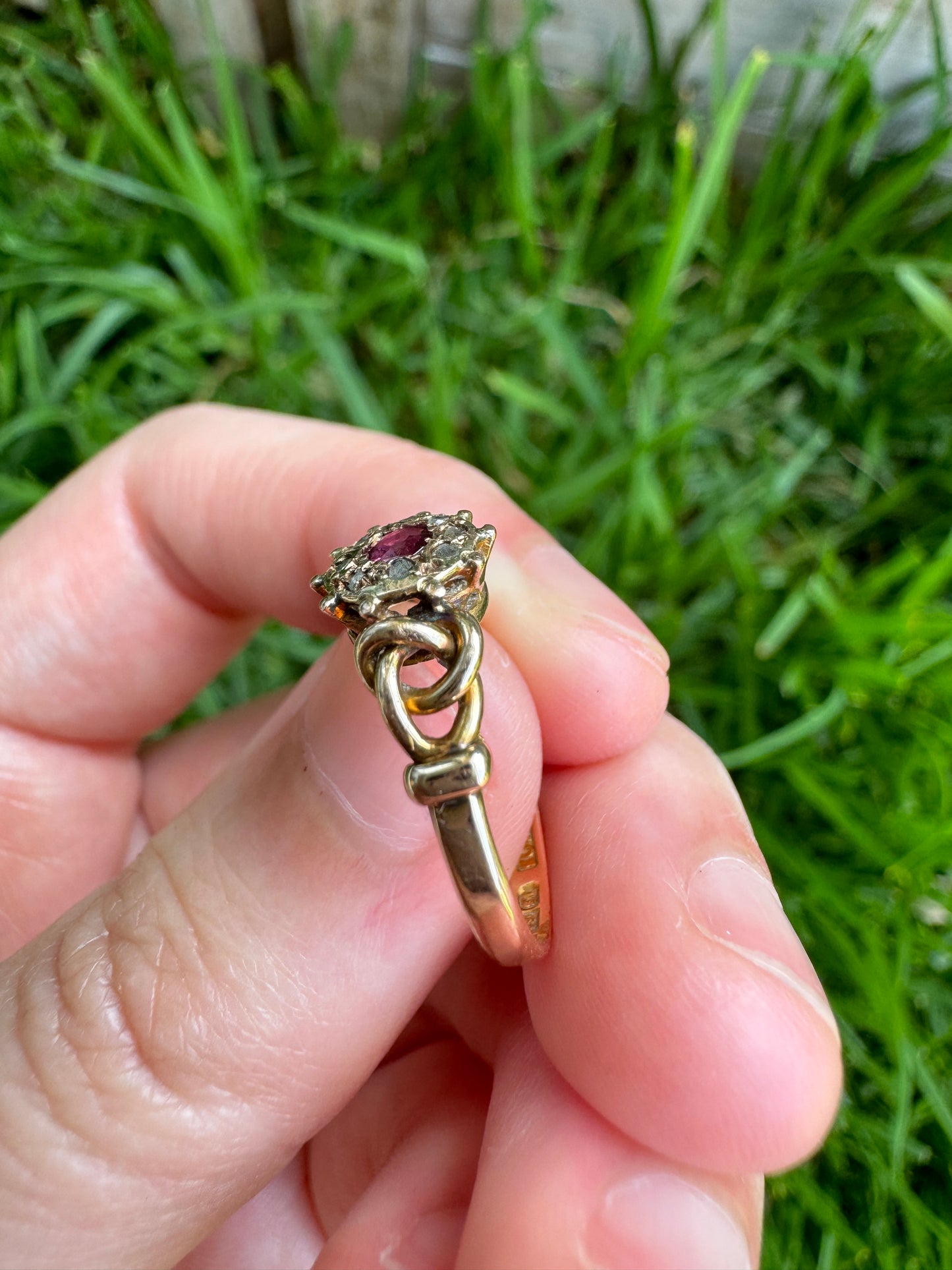 Antique Edwardian 15ct rosy yellow gold ruby and rose cut diamond cluster ring